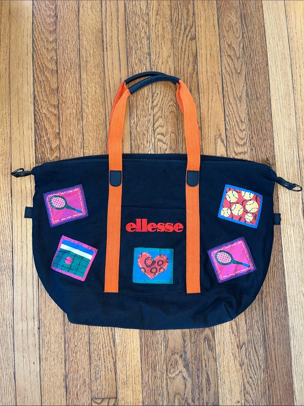 Large Vintage Ellesse 100% cotton zipper tote with tennis themed patches